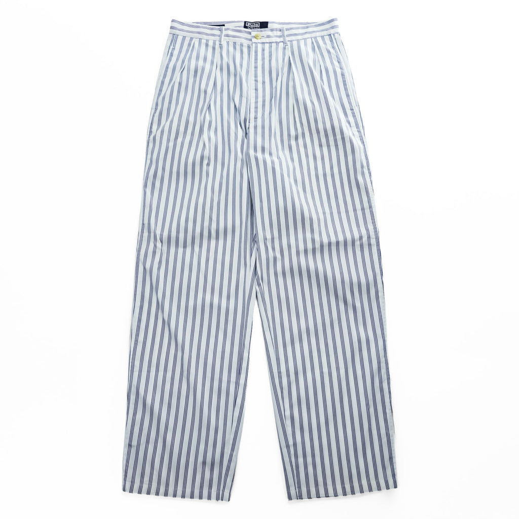 Polo Ralph Lauren 90年代 ヴィンテージ ワイド ストライプ スラックス パンツ L ブルー ホワイト 2タック プリーツ THE CLASSIC GOLF PANT