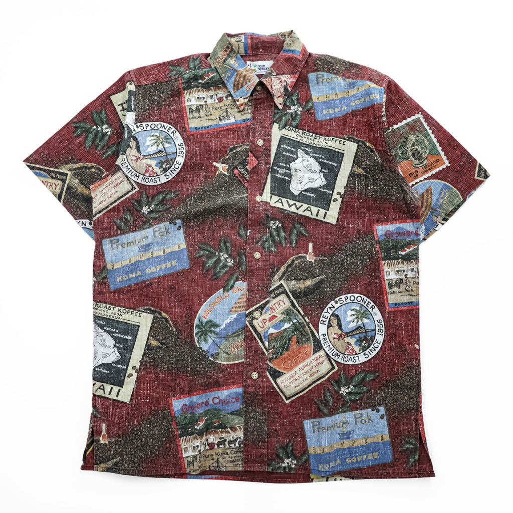Reyn Spooner Hawaiian Traditionals Kona Coffee Print Aloha Shirt Burgundy Brown Cotton Poly Button Down