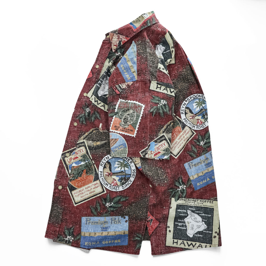 Reyn Spooner Hawaiian Traditionals Kona Coffee Print Aloha Shirt Burgundy Brown Cotton Poly Button Down