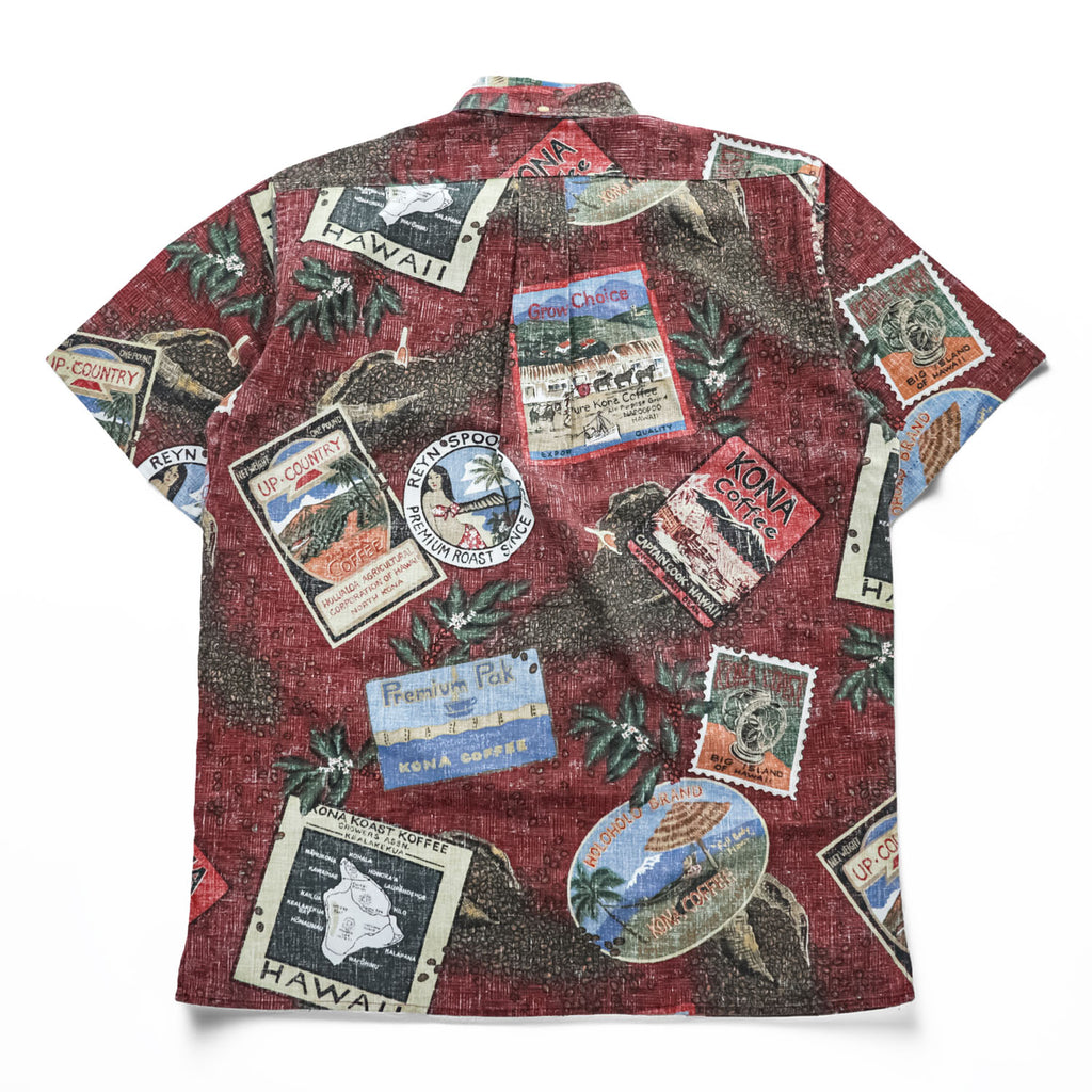 Reyn Spooner Hawaiian Traditionals Kona Coffee Print Aloha Shirt Burgundy Brown Cotton Poly Button Down