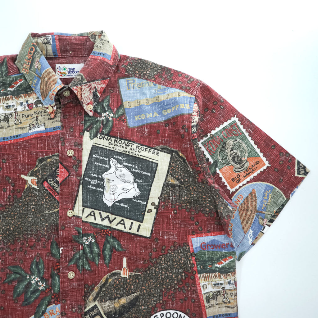 Reyn Spooner Hawaiian Traditionals Kona Coffee Print Aloha Shirt Burgundy Brown Cotton Poly Button Down