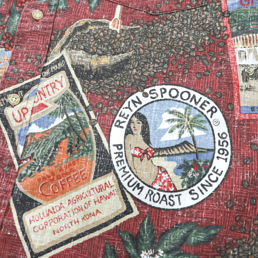 Reyn Spooner Hawaiian Traditionals Kona Coffee Print Aloha Shirt Burgundy Brown Cotton Poly Button Down