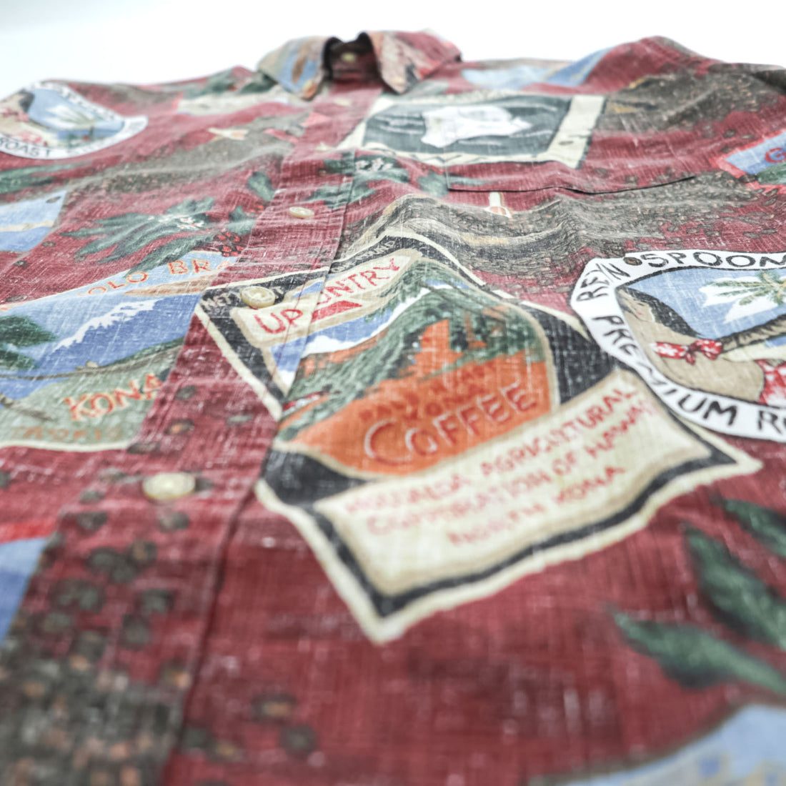 Reyn Spooner Hawaiian Traditionals Kona Coffee Print Aloha Shirt Burgundy Brown Cotton Poly Button Down