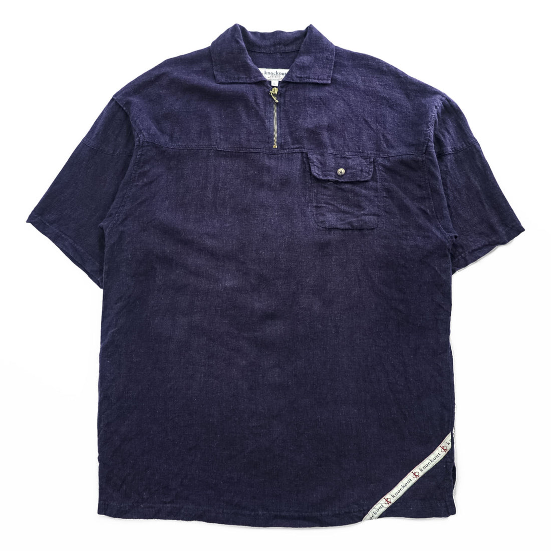 Vintage 90s Knockout Jeans Made in USA Navy Linen Rayon 1/4 Zip Pullover Short Sleeve Shirt Size L