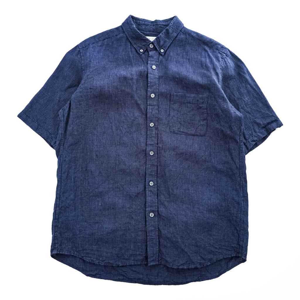 B:MING by BEAMS Belgian Linen Navy Black Micro Check Button Down Short Sleeve Shirt Size XL