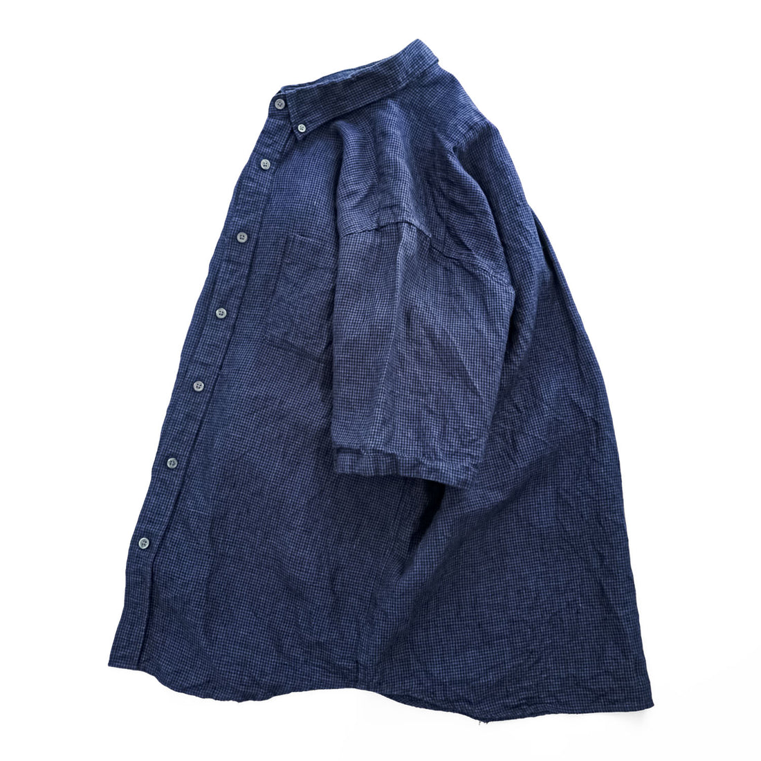 B:MING by BEAMS Belgian Linen Navy Black Micro Check Button Down Short Sleeve Shirt Size XL