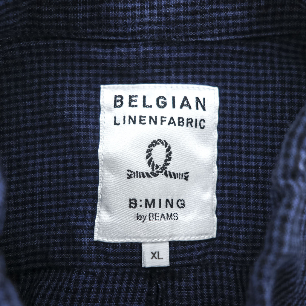 B:MING by BEAMS Belgian Linen Navy Black Micro Check Button Down Short Sleeve Shirt Size XL