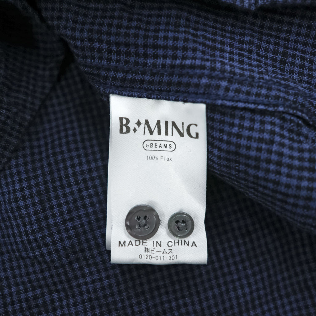B:MING by BEAMS Belgian Linen Navy Black Micro Check Button Down Short Sleeve Shirt Size XL