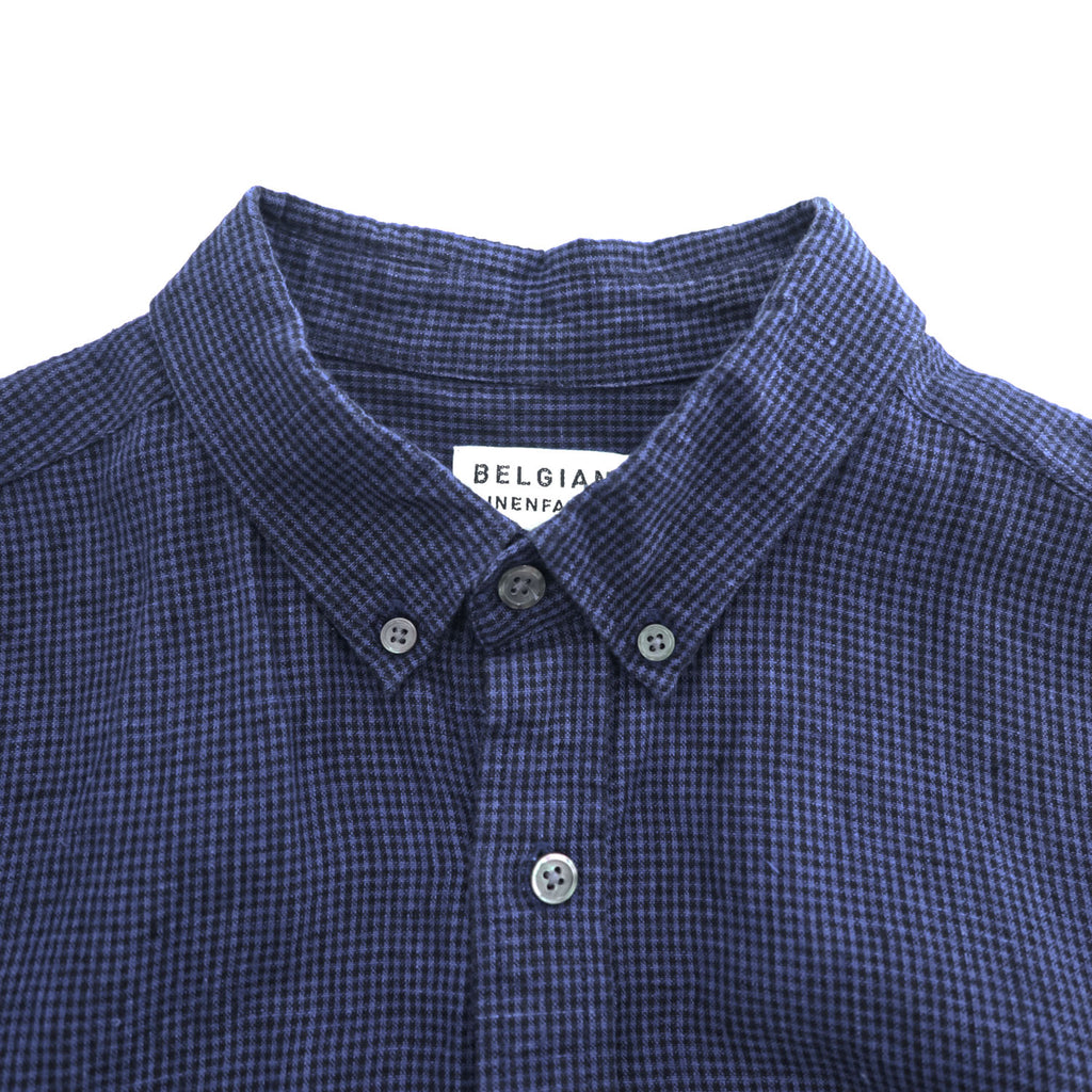 B:MING by BEAMS Belgian Linen Navy Black Micro Check Button Down Short Sleeve Shirt Size XL