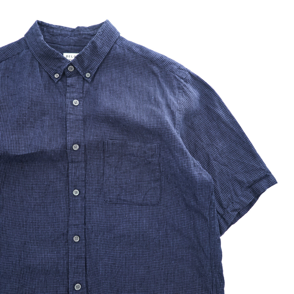 B:MING by BEAMS Belgian Linen Navy Black Micro Check Button Down Short Sleeve Shirt Size XL