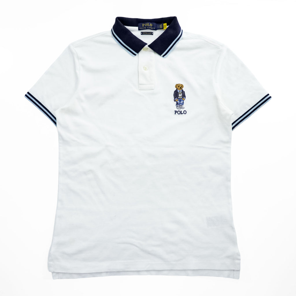 Polo Ralph Lauren ポロベア ポロシャツ S ホワイト CUSTOM SLIM FIT リブライン 鹿の子