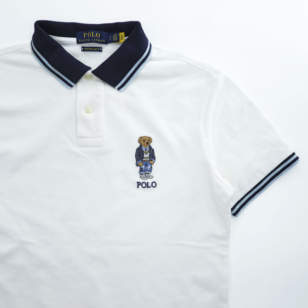 Polo Ralph Lauren ポロベア ポロシャツ S ホワイト CUSTOM SLIM FIT リブライン 鹿の子
