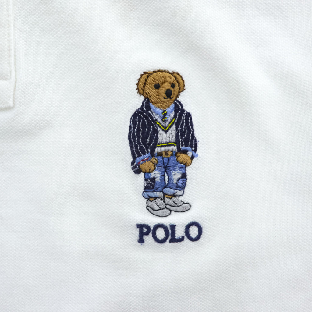 Polo Ralph Lauren ポロベア ポロシャツ S ホワイト CUSTOM SLIM FIT リブライン 鹿の子