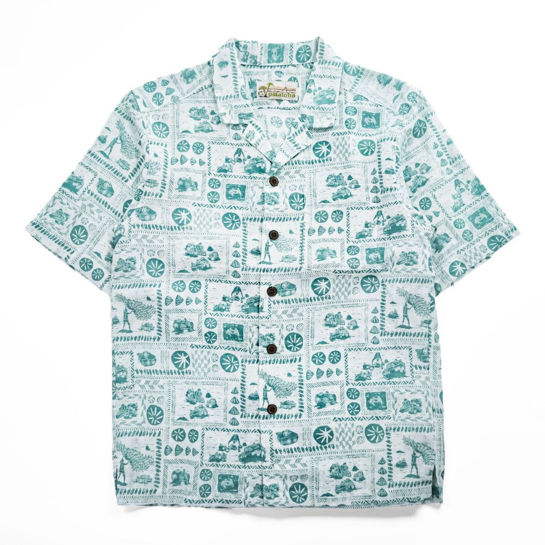 Patagonia Pataloha Hawaiian Shirt, Short Sleeve, Size S, Green/White, Patterned, Limited Edition, Open Collar, Coconut Buttons