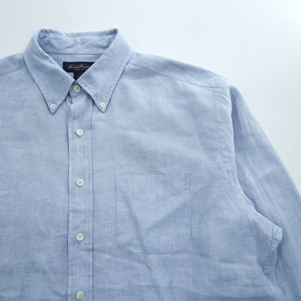 Brooks Brothers Irish Linen Button-Down Long Sleeve Shirt Light Blue 100% Linen Made in Hong Kong Men's Tag L (JP 3L)