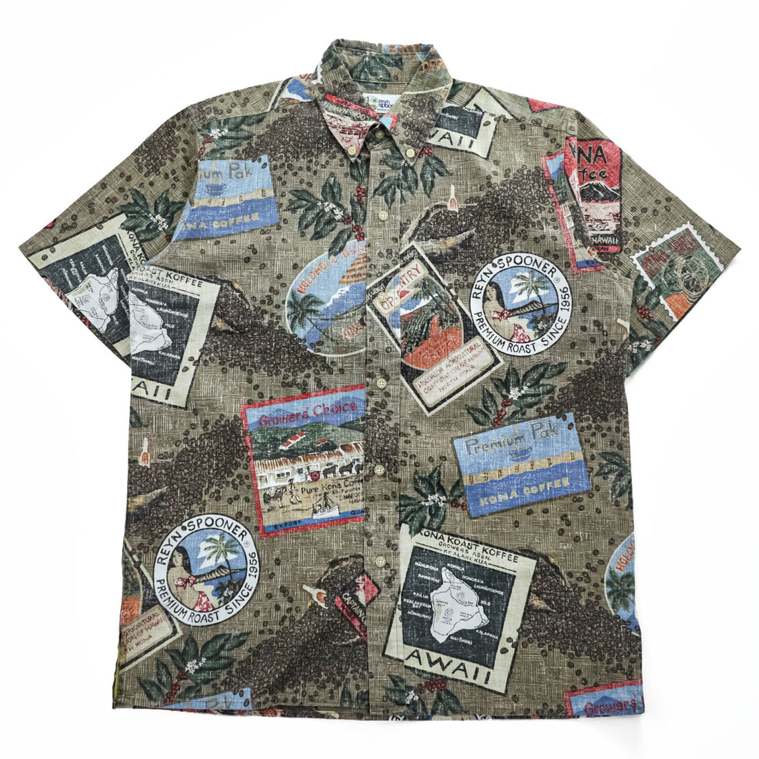 reyn spooner 90年代 ヴィンテージ Hawaiian Traditionals アロハシャツ 半袖シャツ L ボタンダウン ビキニタグ 総柄 コナコーヒー
