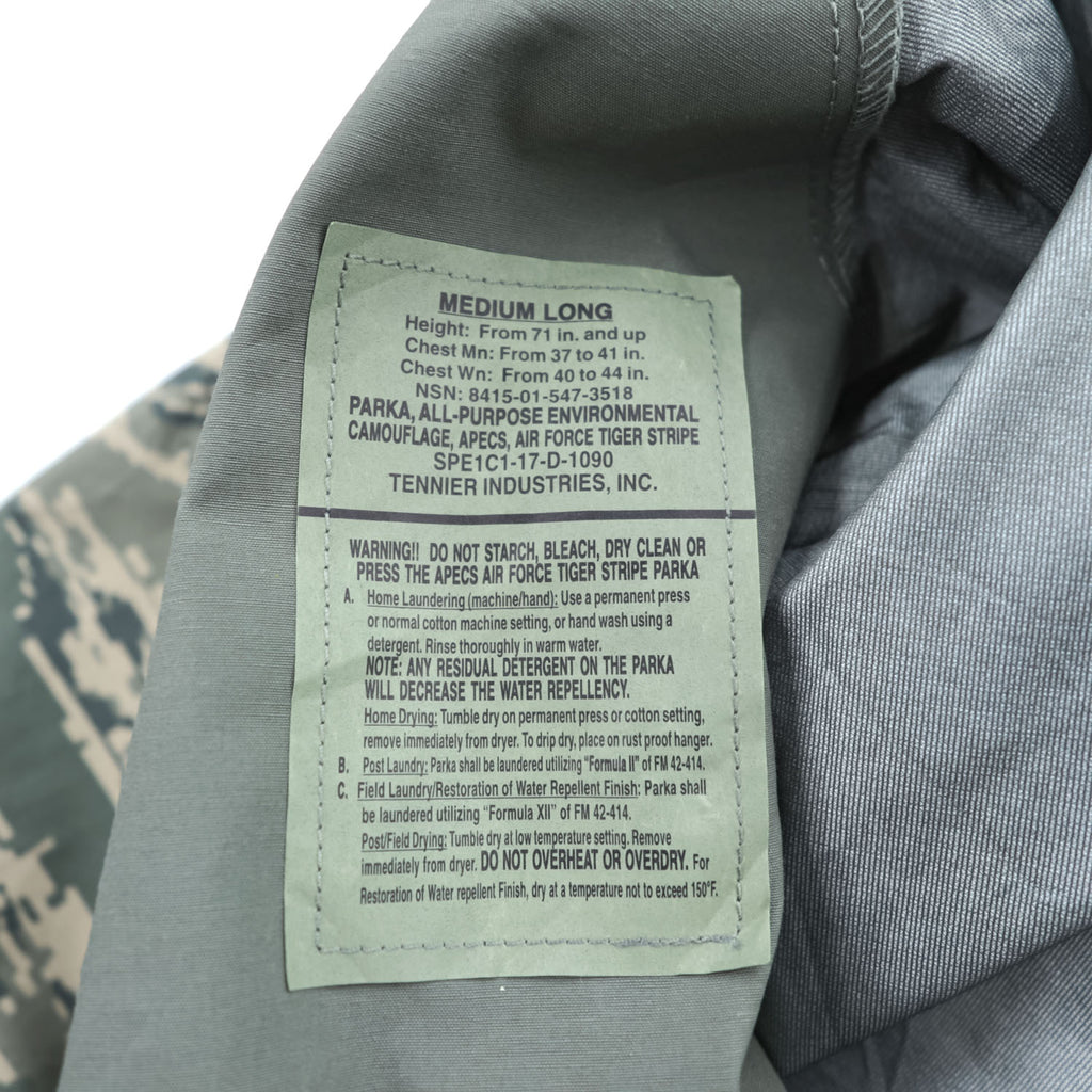 USAF APECS ABU Gore-Tex Parka Air Force Tiger Stripe Camo Medium Long Tennier Industries