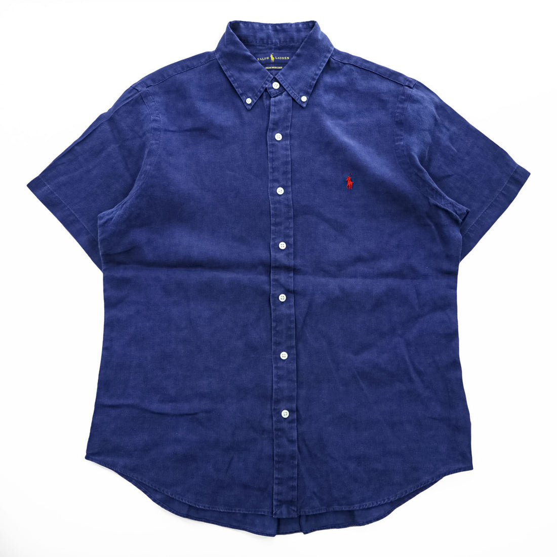 Ralph Lauren 半袖リネンシャツ OCEAN WASH LINEN ネイビー M ボタンダウン 麻100% スモールポニー ロゴ 刺繍