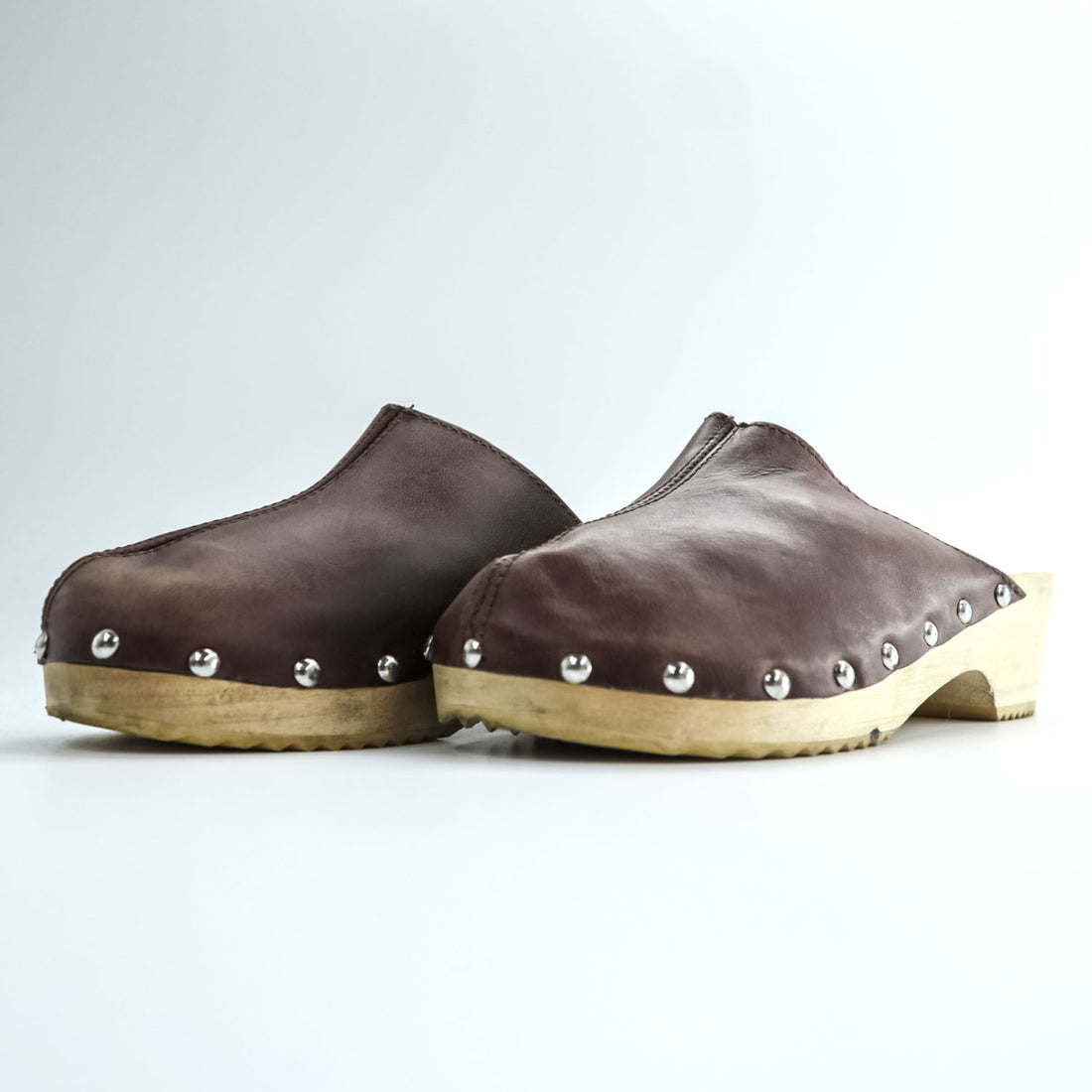 Made in Italy Brown Leather Studded Clog Mules Wooden Sole Women EU36 US6 Vintage Style