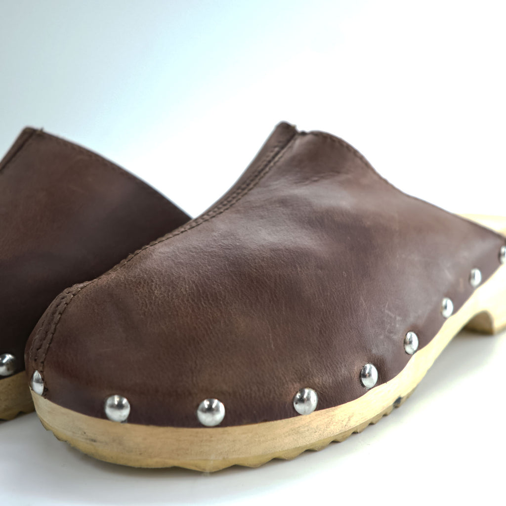 Made in Italy Brown Leather Studded Clog Mules Wooden Sole Women EU36 US6 Vintage Style