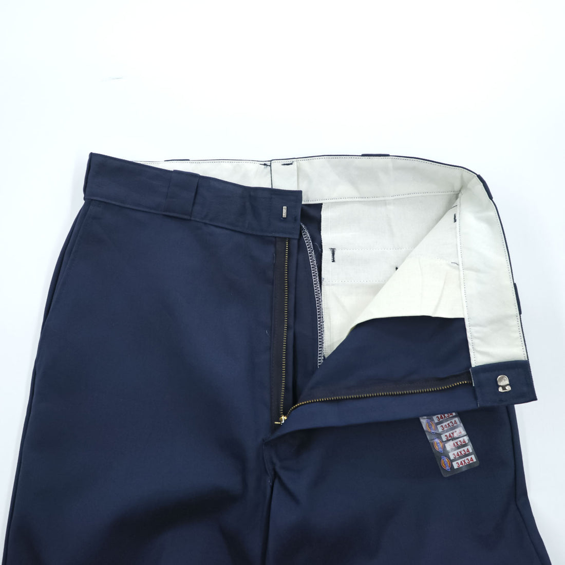 Vintage Dickies 874 Work Pants Navy Made in USA W34 L34 Deadstock Talon Zip Poly Cotton 90s