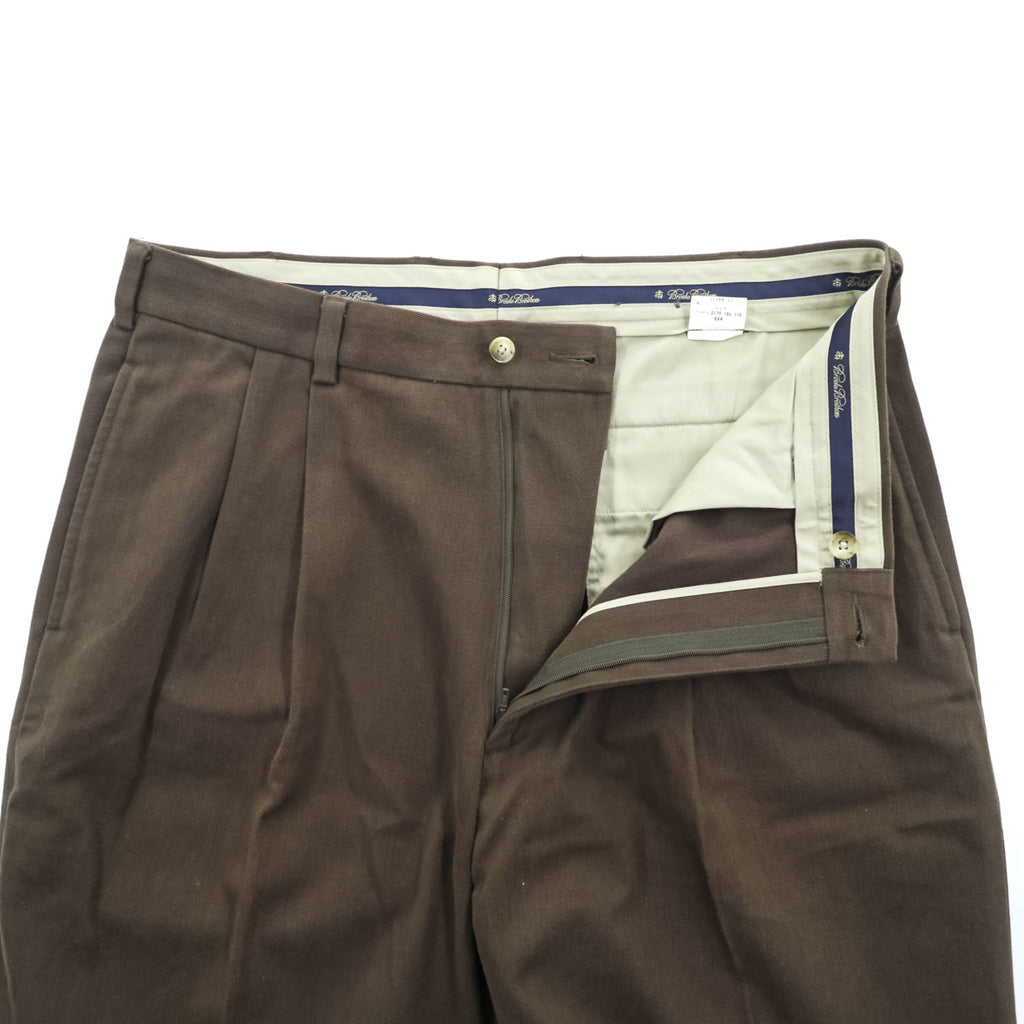 Brooks Brothers ワイド 2タック スラックス パンツ L ブラウン プリーツ ダブルカフス モールスキン