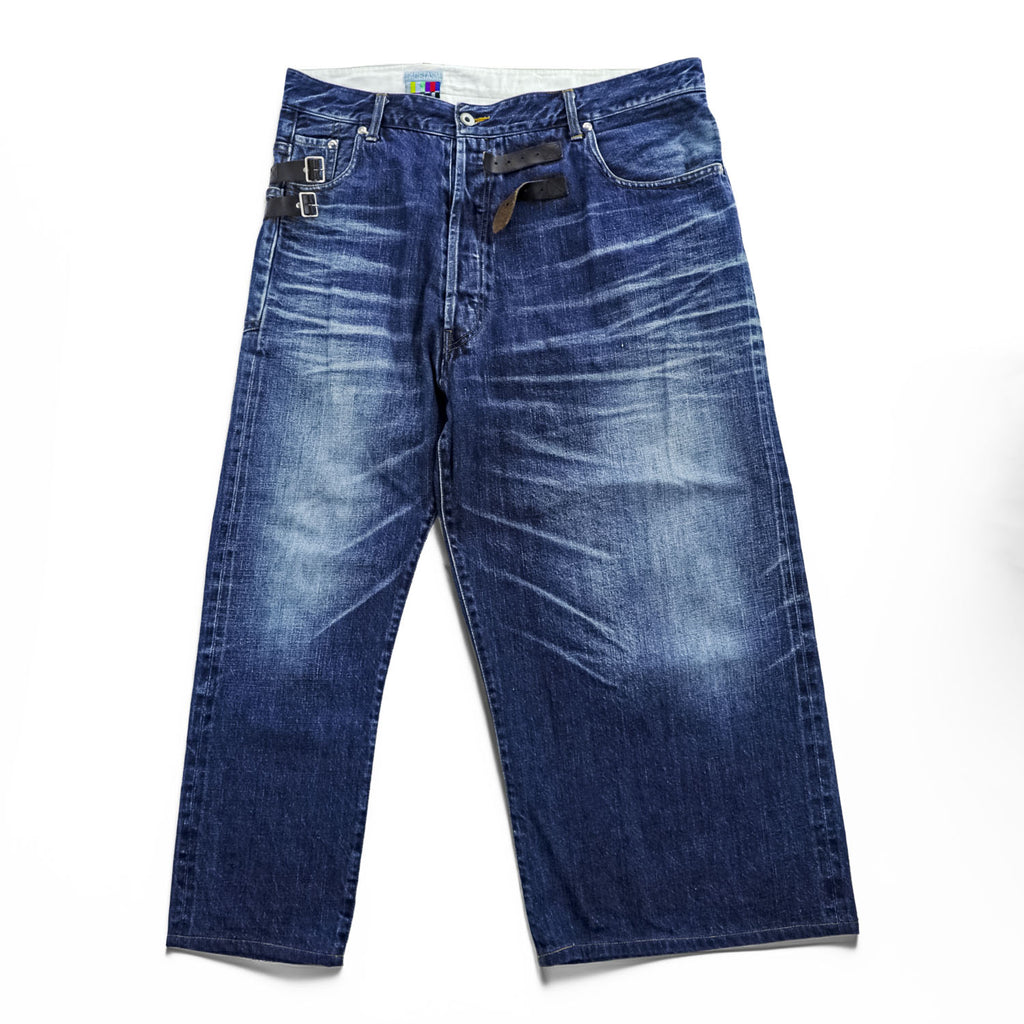 FACETASM BIG&SLIM Asymmetry Denim Wide Straight Jeans Indigo Faded Selvedge Side Buckles Button Fly 100% Cotton Size S (Waist 88cm)