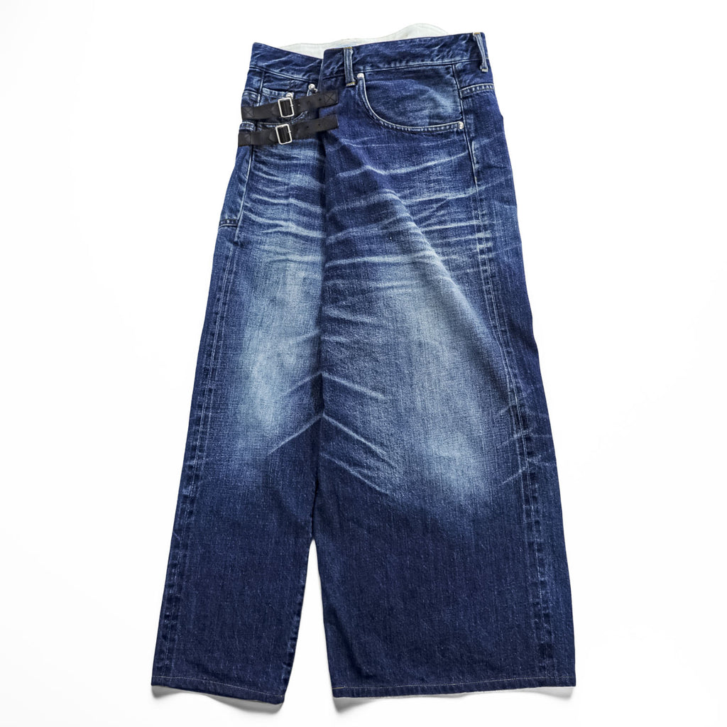 FACETASM BIG&SLIM Asymmetry Denim Wide Straight Jeans Indigo Faded Selvedge Side Buckles Button Fly 100% Cotton Size S (Waist 88cm)