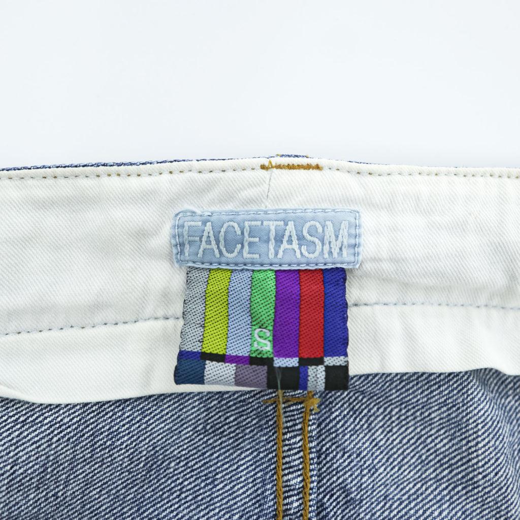 FACETASM BIG&SLIM Asymmetry Denim Wide Straight Jeans Indigo Faded Selvedge Side Buckles Button Fly 100% Cotton Size S (Waist 88cm)