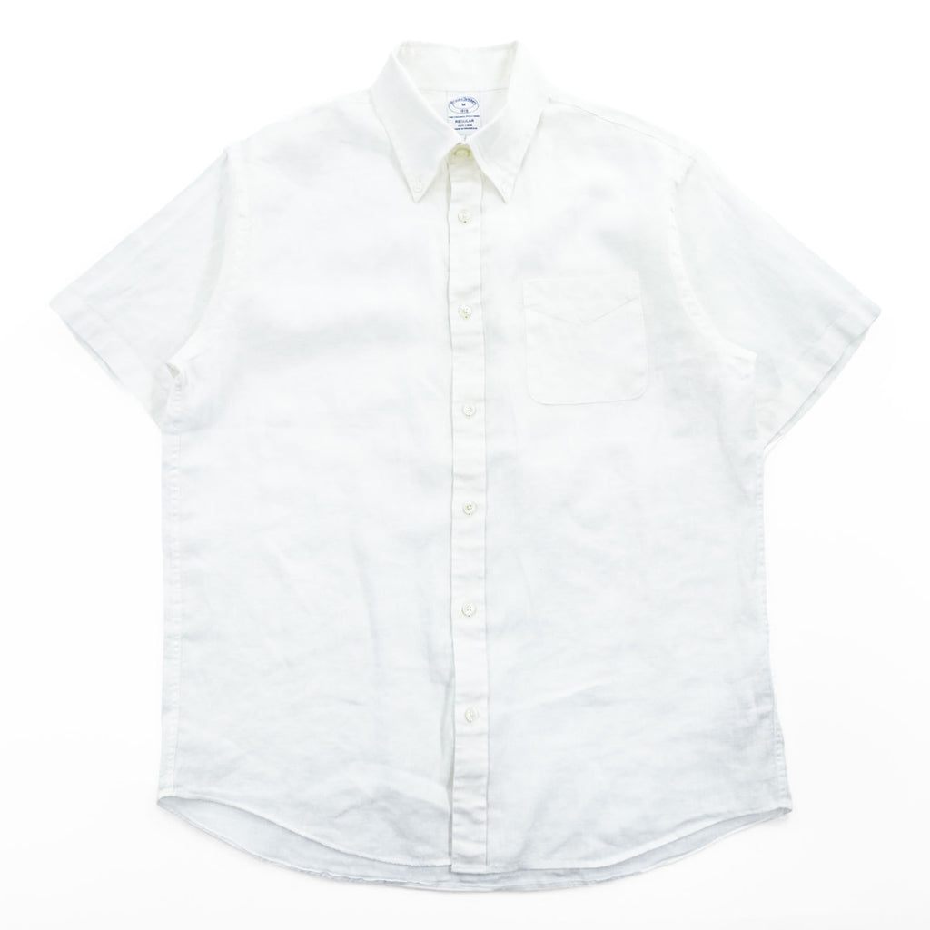 Brooks Brothers Short Sleeve Button-Down Linen Shirt White M Regular 100% Linen Pocket