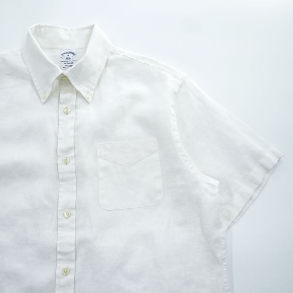 Brooks Brothers Short Sleeve Button-Down Linen Shirt White M Regular 100% Linen Pocket