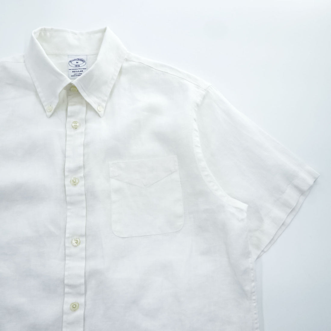Brooks Brothers Short Sleeve Button-Down Linen Shirt White M Regular 100% Linen Pocket