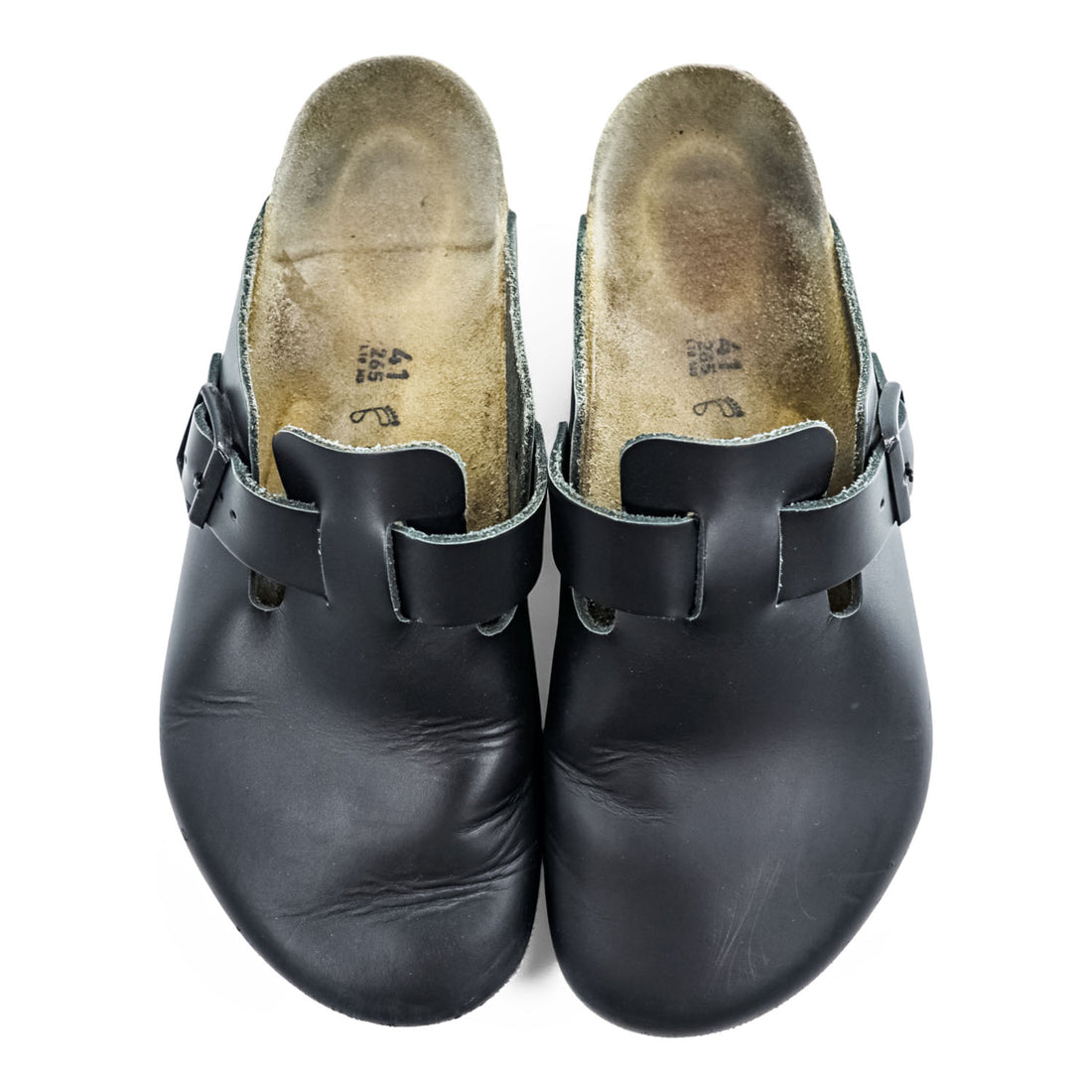 Birkenstock Boston Black Leather Clog Sandals Cork Footbed Suede Insole Buckle EU41 / JP26.5cm