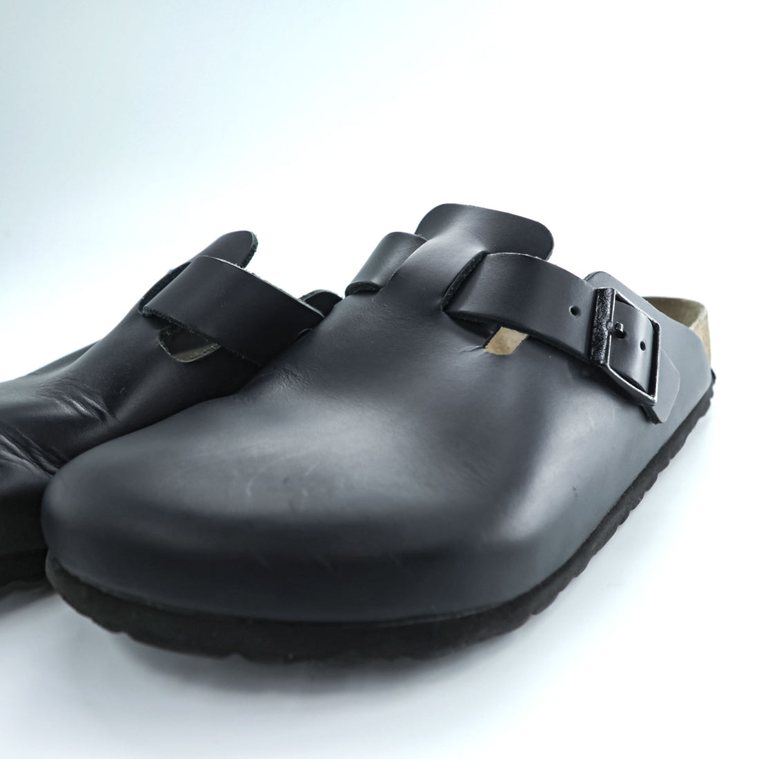 Birkenstock Boston Black Leather Clog Sandals Cork Footbed Suede Insole Buckle EU41 / JP26.5cm