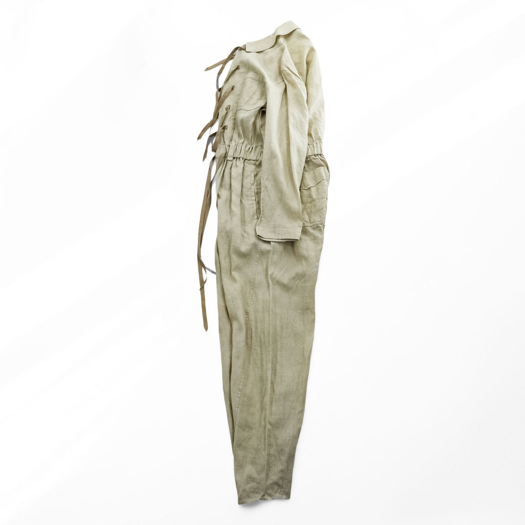 MASU Linen 100% SLEEPING JUMP SUITS Beige Drawstring Waist Pocket Size 46 (JP M)