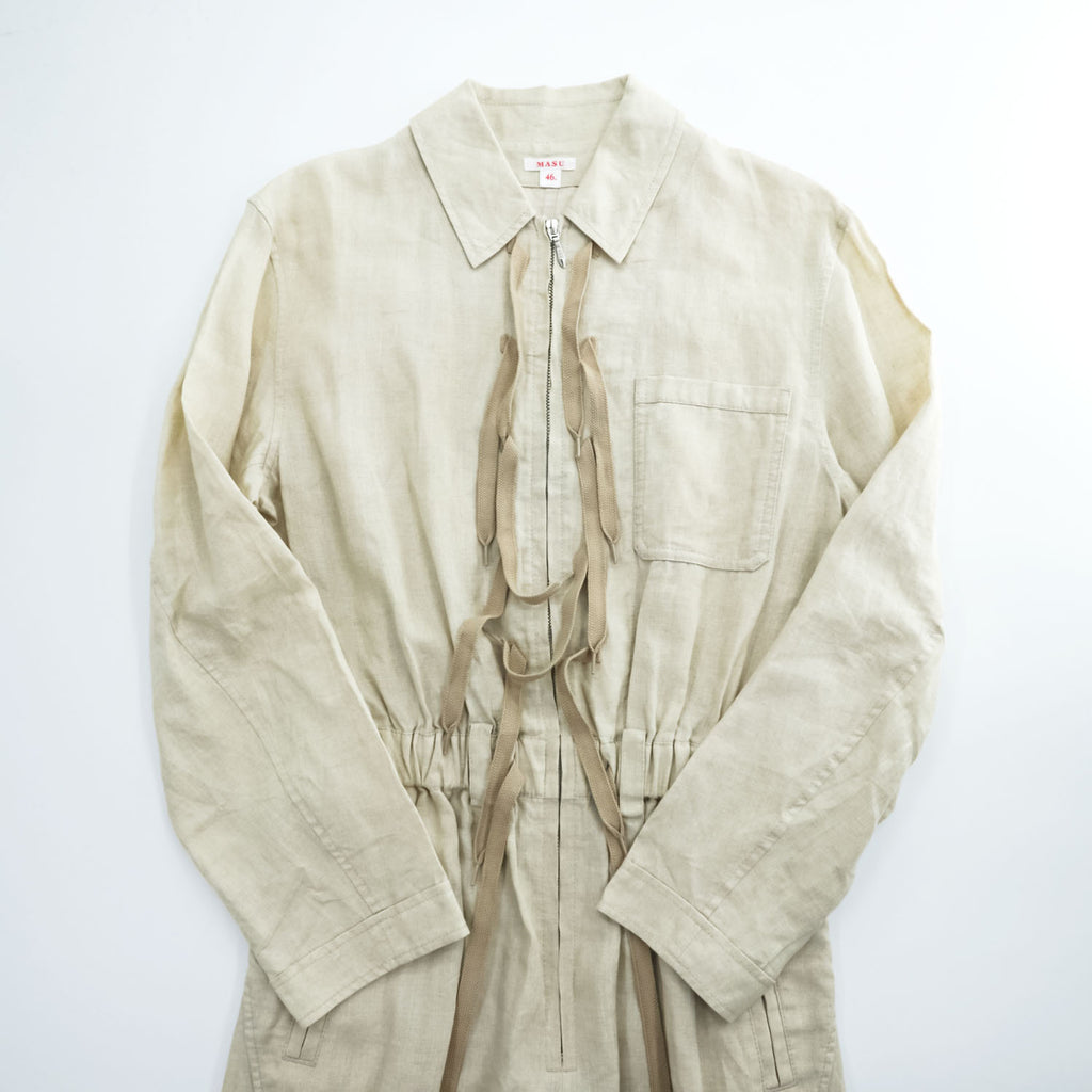 MASU Linen 100% SLEEPING JUMP SUITS Beige Drawstring Waist Pocket Size 46 (JP M)