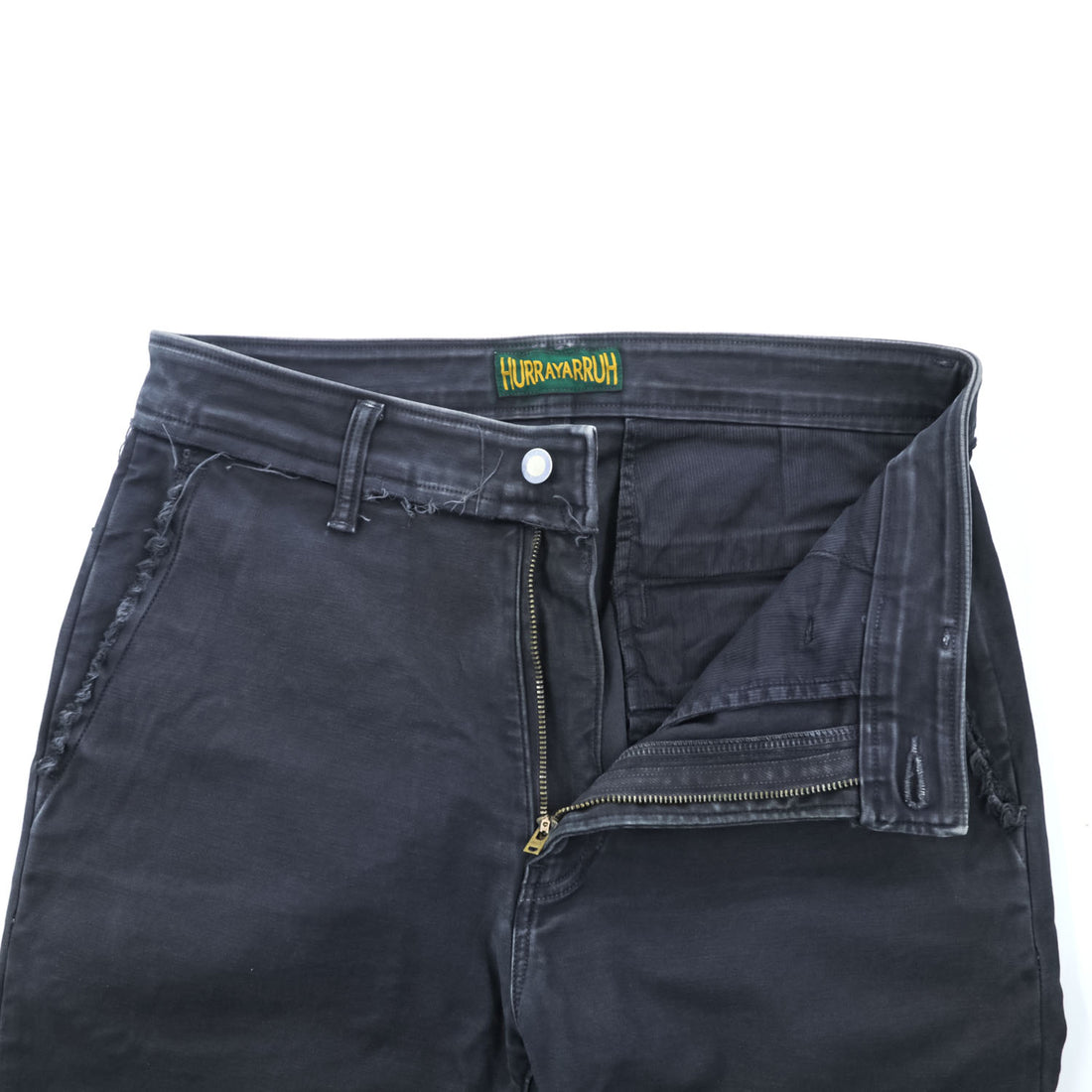 HURRAY HURRAY Black/Charcoal Cotton Stretch Chino Flare Pants Frayed Hem Made in Japan W77cm (M)