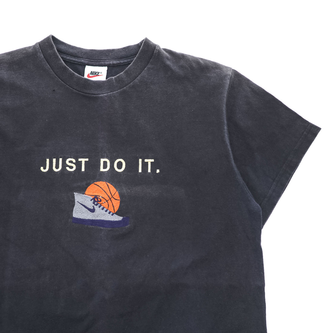 NIKE 90年代 USA製 ヴィンテージ Tシャツ M ブラック フェード 刺繍 JUST DO IT. バスケット グラフィック プリント