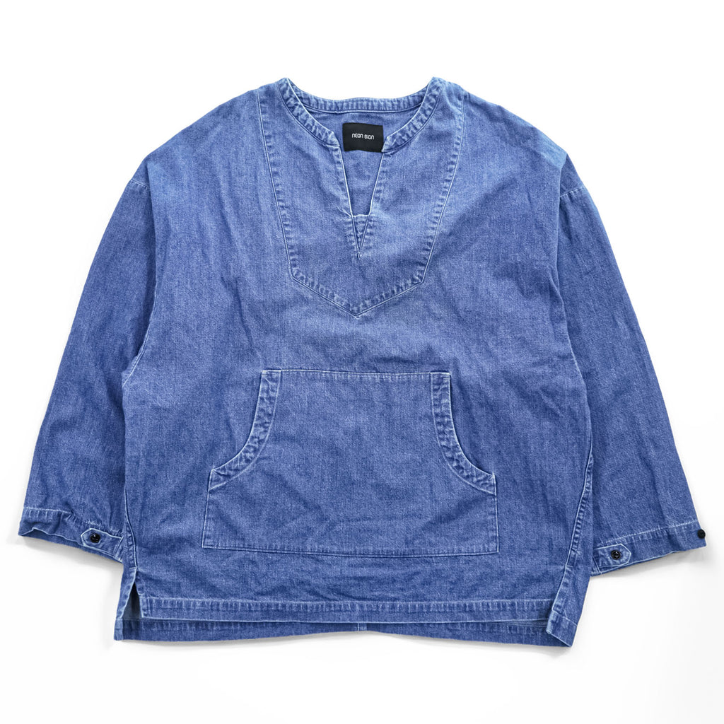 NEON SIGN プルオーバー スモックシャツ 長袖 スキッパーシャツ デニム FREEDOM FLARED MEXICANDENIM SHIRT カンガルーポケット 523 日本製