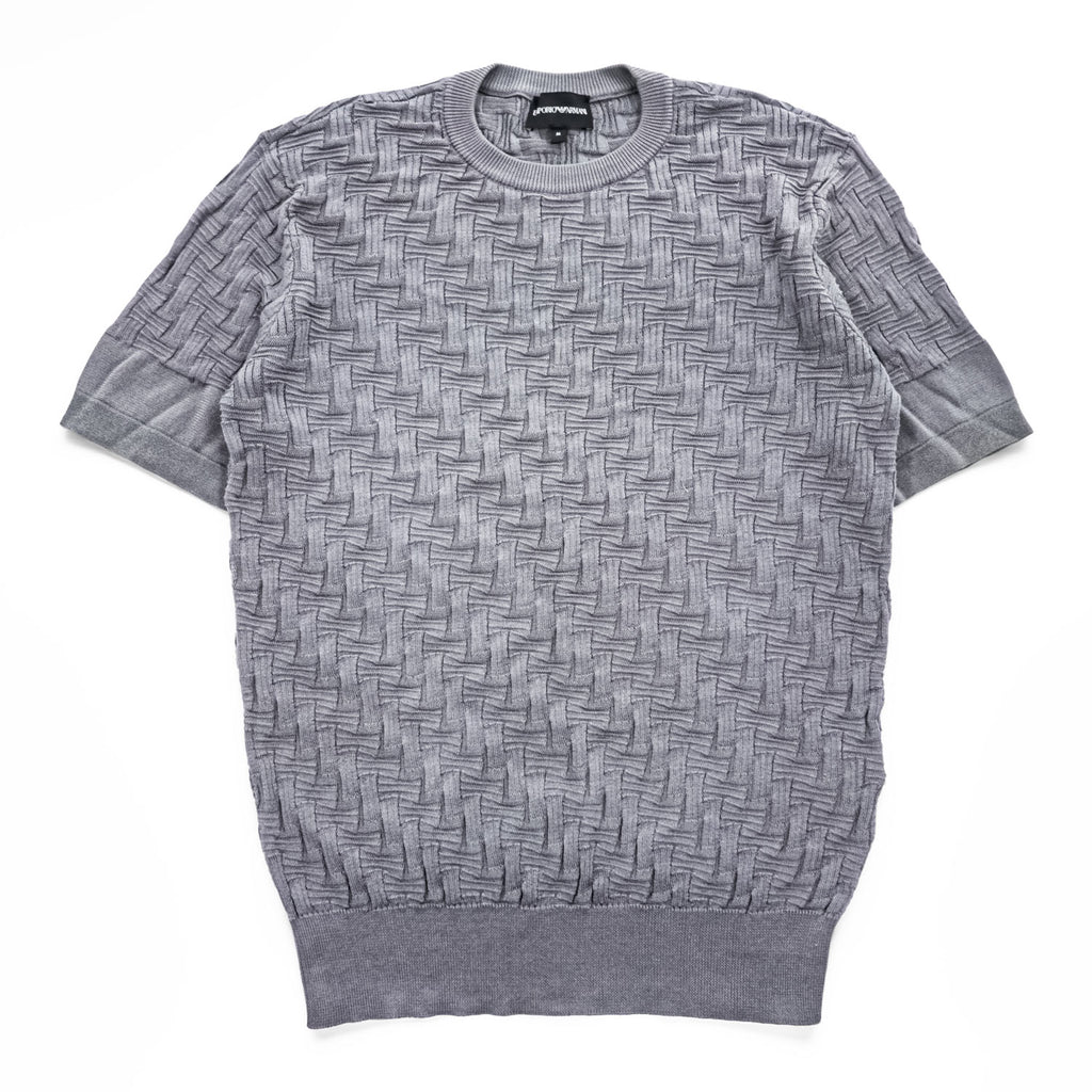 Emporio Armani Men's Short Sleeve Knit Sweater Grey Cotton-Viscose Jacquard Textured M