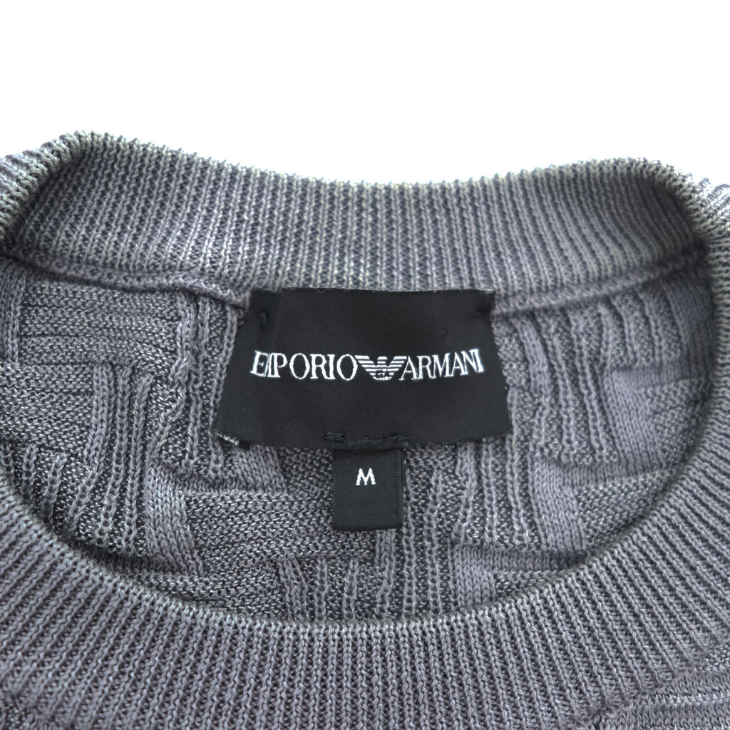 Emporio Armani Men's Short Sleeve Knit Sweater Grey Cotton-Viscose Jacquard Textured M