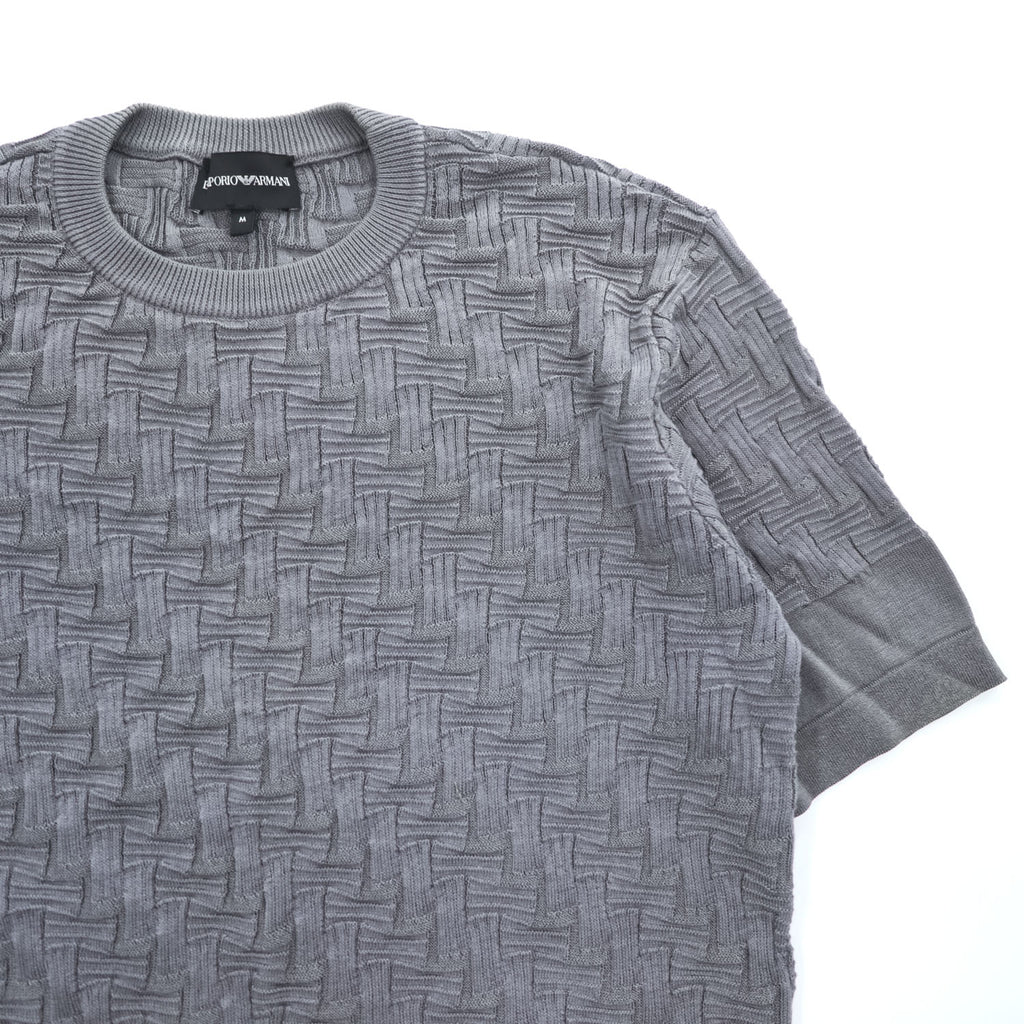 Emporio Armani Men's Short Sleeve Knit Sweater Grey Cotton-Viscose Jacquard Textured M