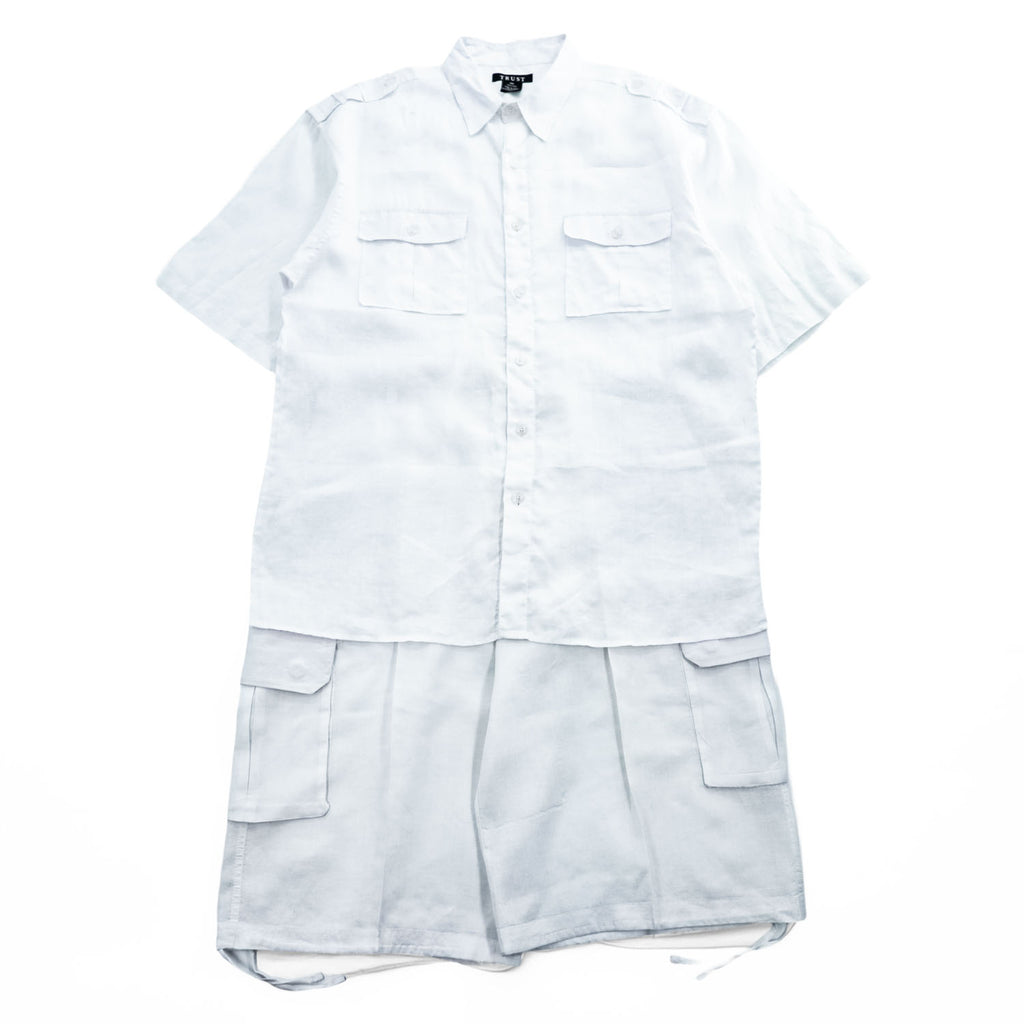 TRUST 100% Linen White Short Sleeve Shirt & Cargo-Style Bottom Set Epaulets Flap Pockets Top 2XL / Bottom 46