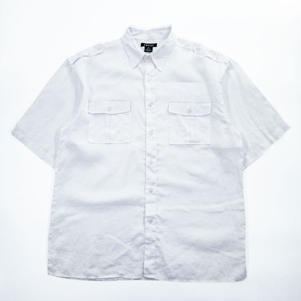 TRUST 100% Linen White Short Sleeve Shirt & Cargo-Style Bottom Set Epaulets Flap Pockets Top 2XL / Bottom 46