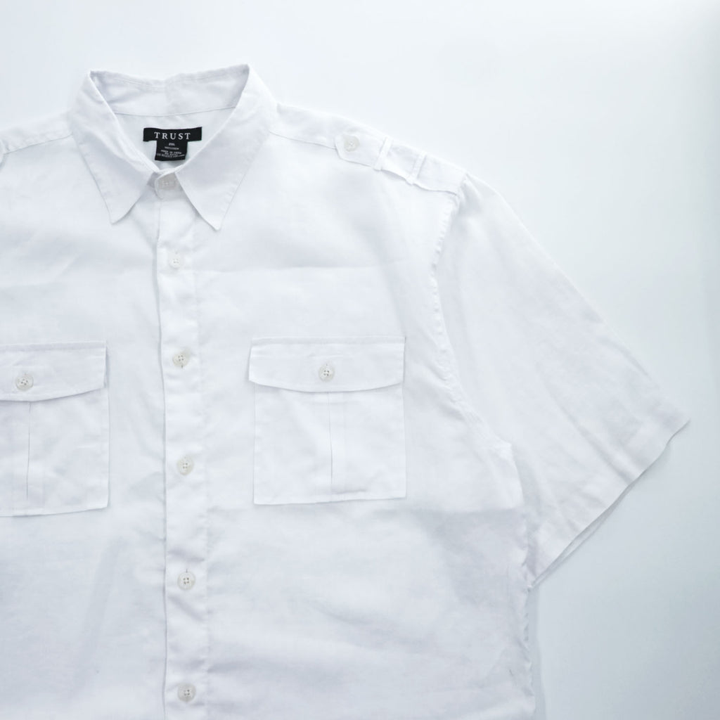 TRUST 100% Linen White Short Sleeve Shirt & Cargo-Style Bottom Set Epaulets Flap Pockets Top 2XL / Bottom 46