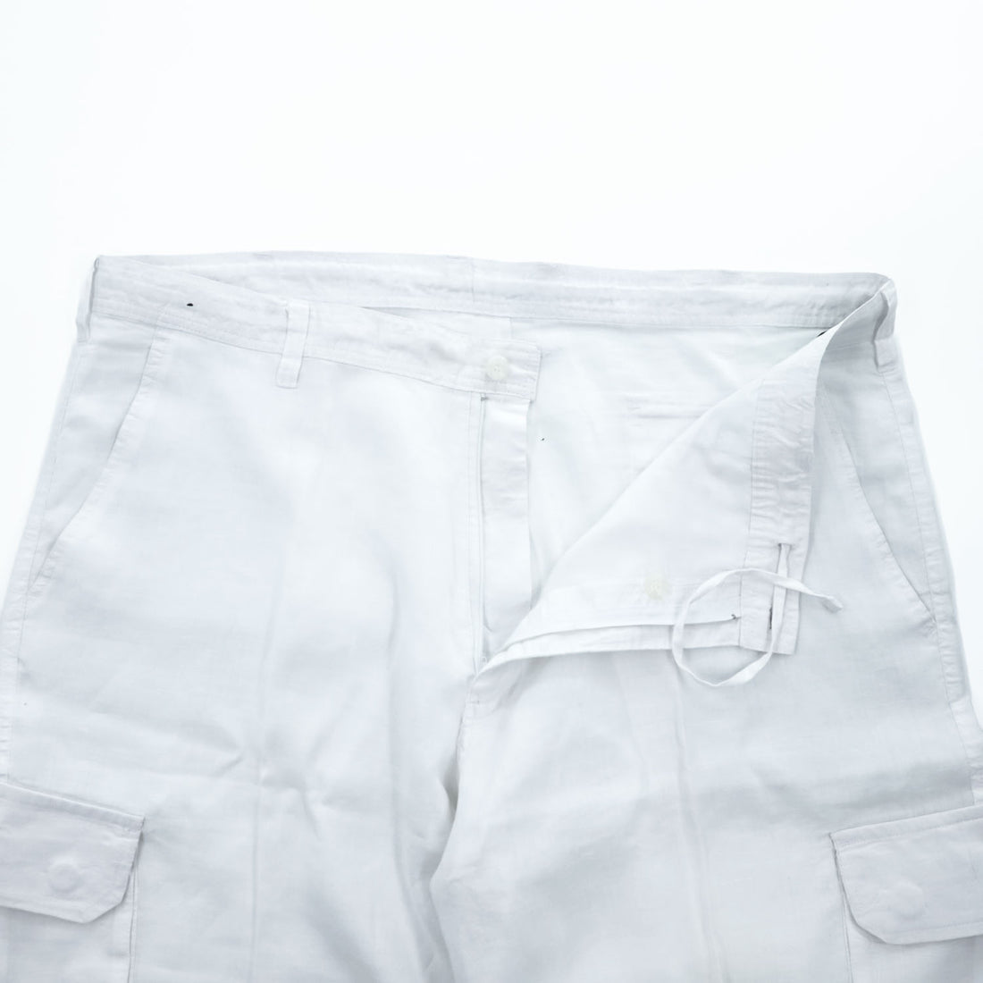 TRUST 100% Linen White Short Sleeve Shirt & Cargo-Style Bottom Set Epaulets Flap Pockets Top 2XL / Bottom 46
