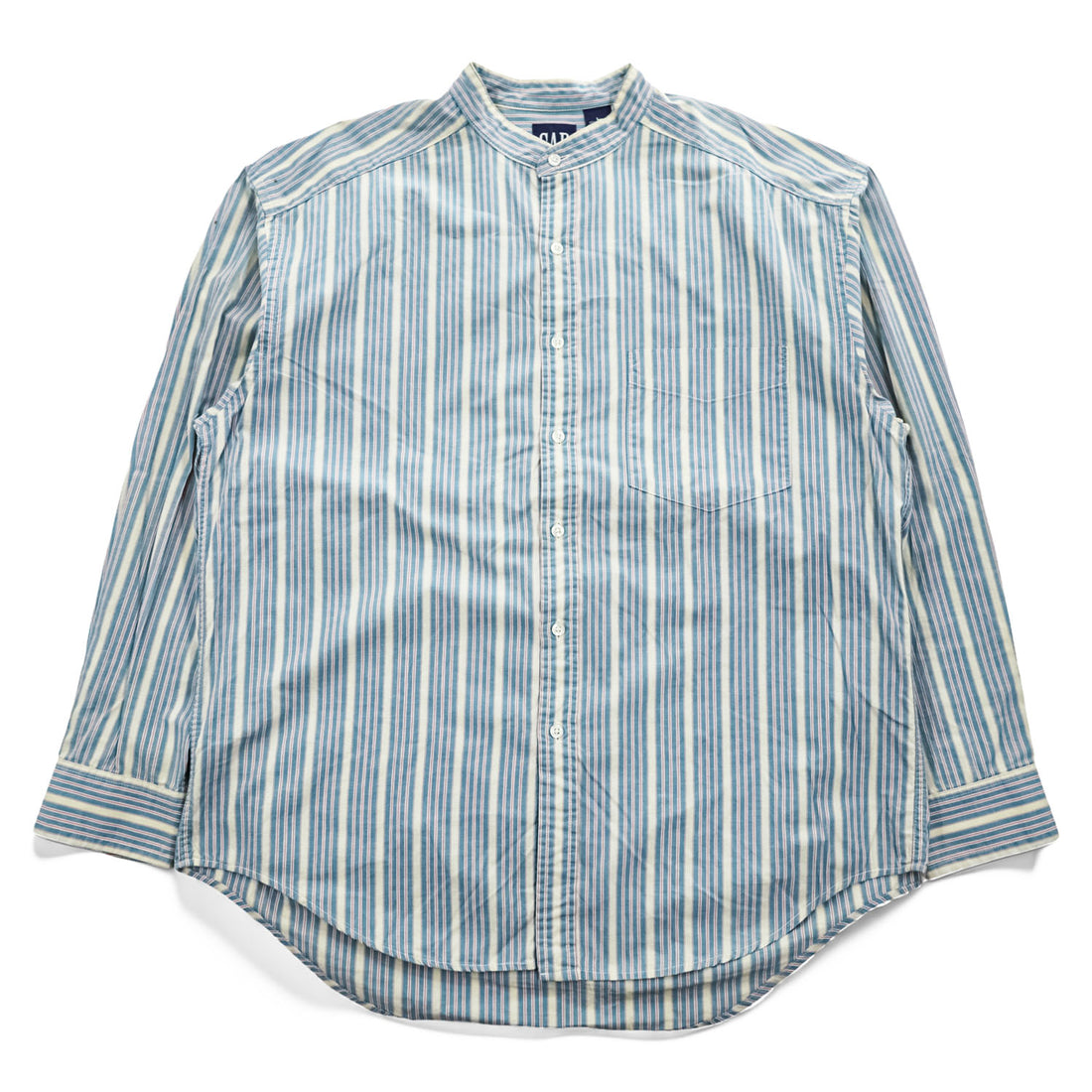GAP 90年代 オールドギャップ ヴィンテージ カナダ製 バンドカラーシャツ 長袖ストライプシャツ L サックスブルー 胸ポケット