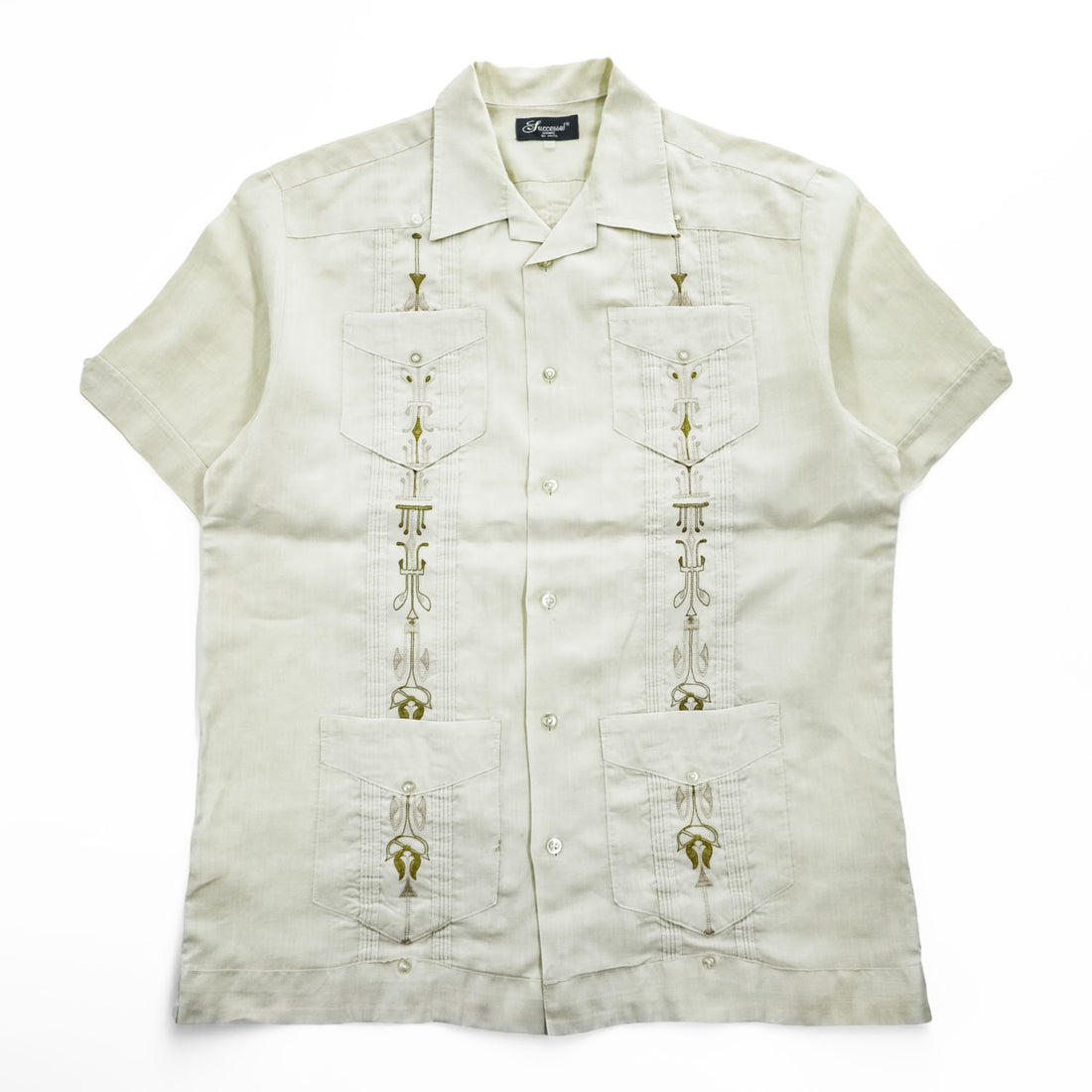Successo UOMO キューバシャツ リネン 半袖シャツ XL ベージュ 刺繍 ピンタック 4ポケット オープンカラー 開襟 ボックスシルエット グアヤベラ