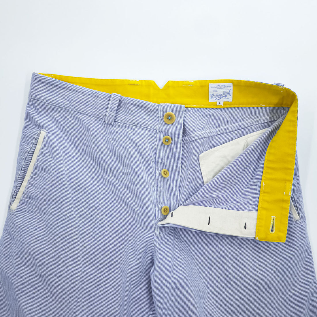 RIDING HIGH Made in Japan Cotton Hickory-Stripe Work Pants Button-Fly Yellow Waist L (W87cm)