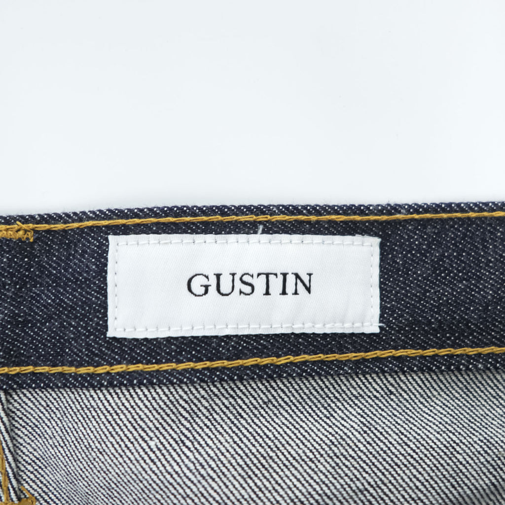 GUSTIN California Slim Raw Indigo Selvedge Denim Jeans Leather Patch Button Fly W34 (Measured W82cm L116cm)